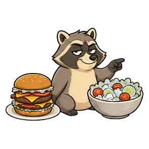 Cardio the raccoon comparing a burger with a salad
